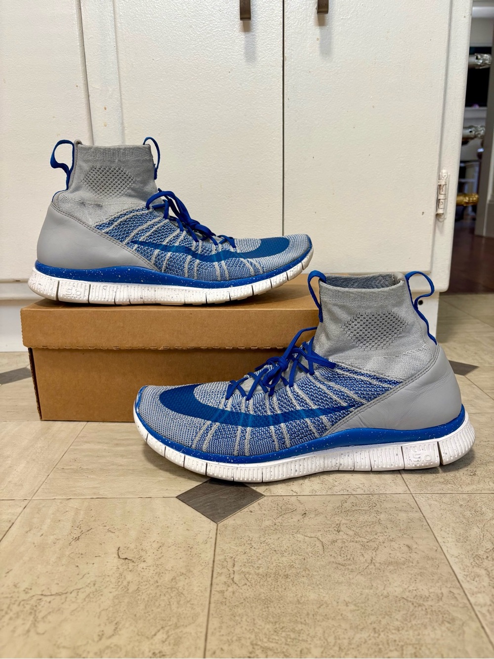 NIKE FREE FLYKNIT MERCURIAL WOLF GREY-GAME ROYAL BLUE-BLACK SZ 11.5 [805554-003]